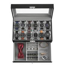 Watch Box, Watch Case With Glass Lid, 2-Tier Watch Display Case For 12 Watches, Lockable, 1 Drawer, For Rings, Bracelets, Gift Idea, Black Coating And Grey Lining - Black + Grey - View 10