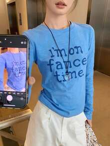 Women's Casual Letter Printed Long Sleeve Slim Fitted Round Neck T-Shirt, Autumn/Winter - Blue - View 4