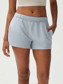 RRIVE Solid High Waisted Dolphin Shorts Elastic Waist Lounge Bottoms Cotton Blend Y2K Casual Workout Sweatshorts With Pockets - Màu xanh bụi bặm - Xem 1