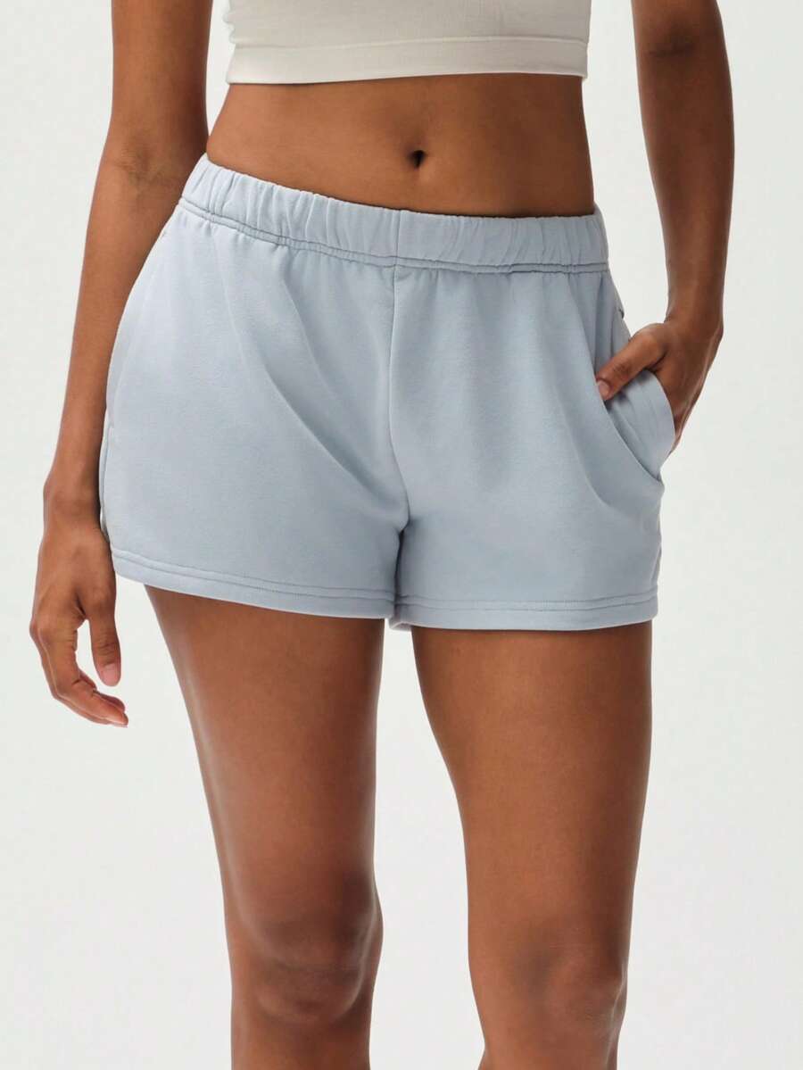 RRIVE Solid High Waisted Dolphin Shorts Elastic Waist Lounge Bottoms Cotton Blend Y2K Casual Workout Sweatshorts With Pockets - Màu xanh bụi bặm - Xem 1
