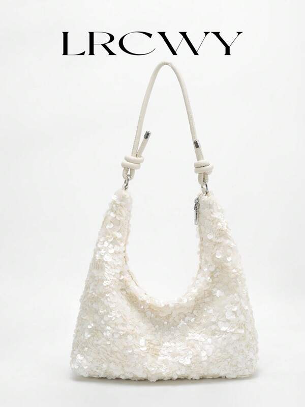 Women's Shoulder Bag With Pearlescent Sequins, Fashion Elegant Glamorous Romantic Wedding Party Crescent Moon Bag, White, Suitable For Ladies, Girls, College Students