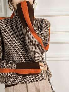 Women's Elegant Color Block Patchwork Turtleneck Knit Sweater - Coffee Brown - View 3