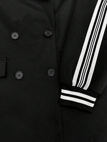 2pcs Women's Striped Ribbon Double-Breasted Blazer Jacket And Straight Leg Pants, Office & Casual Wear Spring Black - Black - View 6