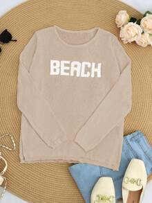 Áo len dệt kim dáng rộng tay dài in chữ thời trang thường ngày mới cho nữ, Áo len dệt kim cổ tròn tay dài bán trong suốt mặc đi biển, Kỳ nghỉ ở bãi biển, Chữ màu tương phản, Áo len dệt kim tay dài màu trắng, Bãi biển, Kỳ nghỉ - Màu Khaki - Xem 3