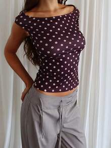 Womens Summer T Shirts Short Sleeve Crop Tops Boat Neck Dot Print Slim Fit Blouses - 深棕色 - 查看 5