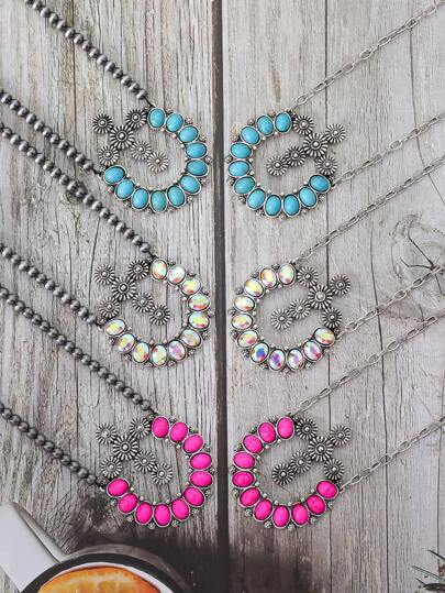 1pc Vintage Western Style Stone Textured Bead, Daisy, Bull Head, Cross Pendant Short Necklace For Women