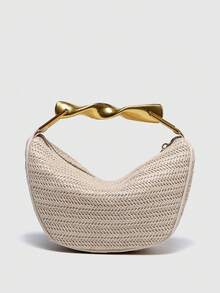 1个女士草编手提包，新款夏季包包，托特包，单肩斜挎包，适合休闲、度假、购物等场合，草编包 - 白色 - 查看 6