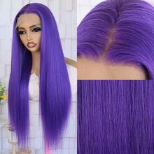 13X4 Long Straight 26 Inch Dark Purple Lace Front Wig Lace Front Synthetic Wig Pre-Plucked Hairline Halloween Wigs Heat Resistant Fiber Hair Silky Straight Wig For Women Cosplay Party Daily Use - 紫色 - 查看 4