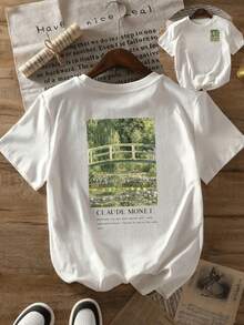 Camiseta Casual de Manga Corta para Mujer con Estampado Floral y Puente Arqueado - Inspirada en Claude Monet, Cuello Redondo Transpirable, Blusa Blanca Lavable a Máquina para Atuendo casual, Diseño Impresionista, Cómoda para Verano - Blanco - Ver 1