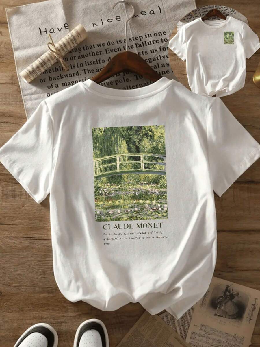Camiseta Casual de Manga Corta para Mujer con Estampado Floral y Puente Arqueado - Inspirada en Claude Monet, Cuello Redondo Transpirable, Blusa Blanca Lavable a Máquina para Atuendo casual, Diseño Impresionista, Cómoda para Verano - Blanco - Ver 1