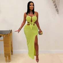 New Fashion Accessories C7407 Cross-Border   European And American Fashion Women's Sexy Knitted Neck And Backless Solid Color Dress - C7407-橘色 - 查看 2