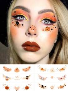 6 Blatt Halloween Sommersprossen Gesichts-Tattoos mit Katze, niedlichem Kürbis, Stern, Herz, wasserfeste realistische temporäre Halloween Tattoo Aufkleber für Frauen Cosplay Make-up Halloween Party Festival Abschlussball