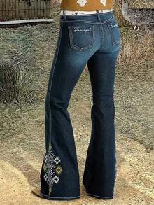 Embroidered Flare Jeans - Dark Wash Denim Bell Bottom Pants, Boho Western Style, Great For Country Concert & Cruise Outfits - 深藍色 - 查看 4
