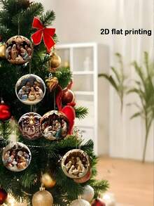 12件/1件 耶稣诞生场景装饰品，2D平面印刷圣诞耶稣主题圆形木质挂牌套装，圣诞树节日装饰，经典圣母玛利亚和耶稣诞生图案，适合新年、圣诞节、感恩节和其他纪念日装饰客厅和教堂，适合作为精美的家庭礼物赠送朋友，2D平面木质，冬日仙境装饰家居派对 - 彩色 - 查看 3