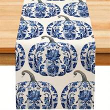 1pc,Table Runner, Thanksgiving Blue And White Porcelain Pumpkin Pattern Printed Linen Table Flag, Home Decor, Suitable For Dining Tables, Universal Seasonal Decoration, Modern Style Washable Table Flag, Heat-Resistant, Stain Resistant, Room Decoration, Table Mat, Kitchen Table Mat, Party Decoration, Home Decoration, Ideal Thanksgiving Gift