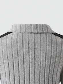 2pcs/Set Girls Casual Fashionable Minimalist Zip-Up Polo Shirt Long Sleeve Top And Striped Side Pants Set, Autumn/Winter 2025 - Grey - View 8