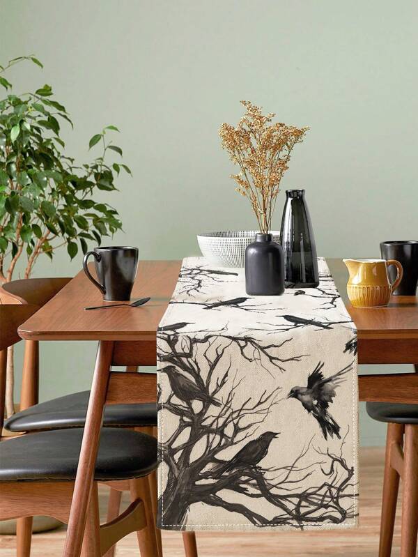 1Pc Watercolor Black And White Branches Crow Gold Black Bow Pumpkin Ghost BOO Polka Dot Pattern Farmhouse Table Runner Washable Outdoor Indoor Halloween Party Festival Kitchen Home Dining Table Dressing Table Centerpiece Living Room Round Table Coffee Table Dinner Rectangular Table Restaurant Party Dining Room Holiday Picnic Decorations