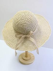 1 件女士手工编织纯色夏季太阳帽，防紫外线镂空草帽，日常旅行沙滩渔夫帽
