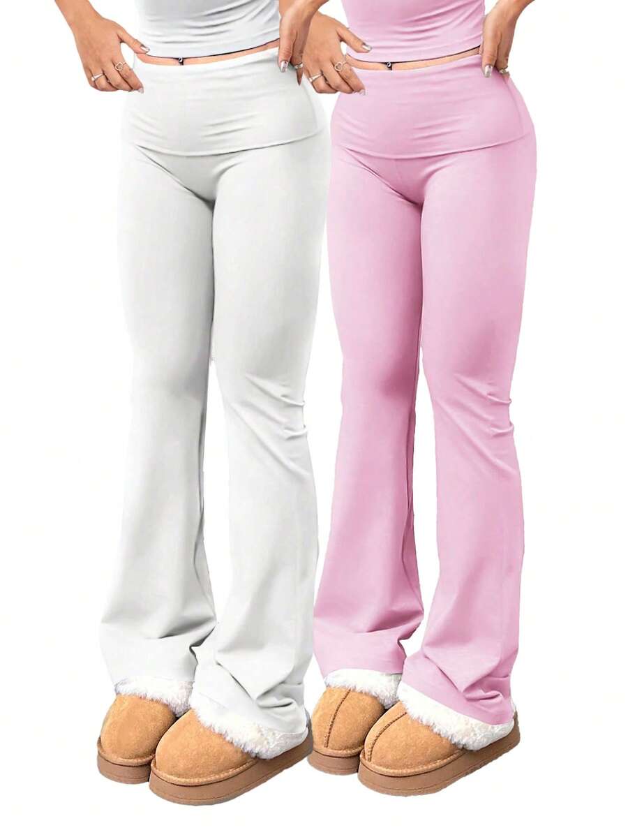 2pcs/Set Trouser Style Yoga Pants For Women Elastic Waist Gym Workout Flare Leggings Casual High Waisted Bootcut Yoga Pants - 白色+粉紅色 - 查看 1