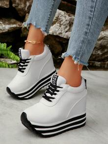 Fall/Winter Women's Platform Sneakers, Casual Lace-Up Elevator Skate Shoes, Versatile & Fashionable - White - View 5