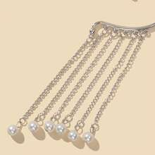 2 Pcs Stylish Imitation Pearl Decor Silver Tassel Chain Wrap Around Earrings Ear Cuffs No Piercing Daily Party Jewelry