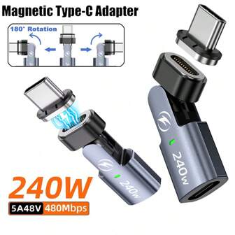 PD240W Type C Magnetic Adapter 180° Rotatable USB C Charging Converter 480Mbps Data Connector