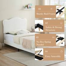 Cama individual beige para niños, plataforma tapizada con cabecero de terciopelo bouclé, sin somier, fácil montaje, diseño duradero - Blanco roto-Twin - Ver 6