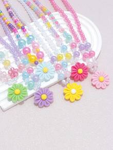 12pcs/Set Girls Cute Multicolor Flower Pendant Charm Beaded Necklace & Bracelet Jewelry Set, Suitable For School, Holiday Party, Birthday Gift, Random Color - Multicolor - View 5
