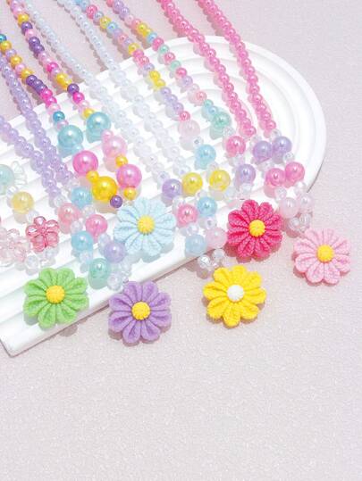 Set de 12 piezas de collar y pulsera con colgante de flor multicolor lindo para niñas, adecuado para la escuela, fiesta de vacaciones, regalo de cumpleaños, color aleatorio