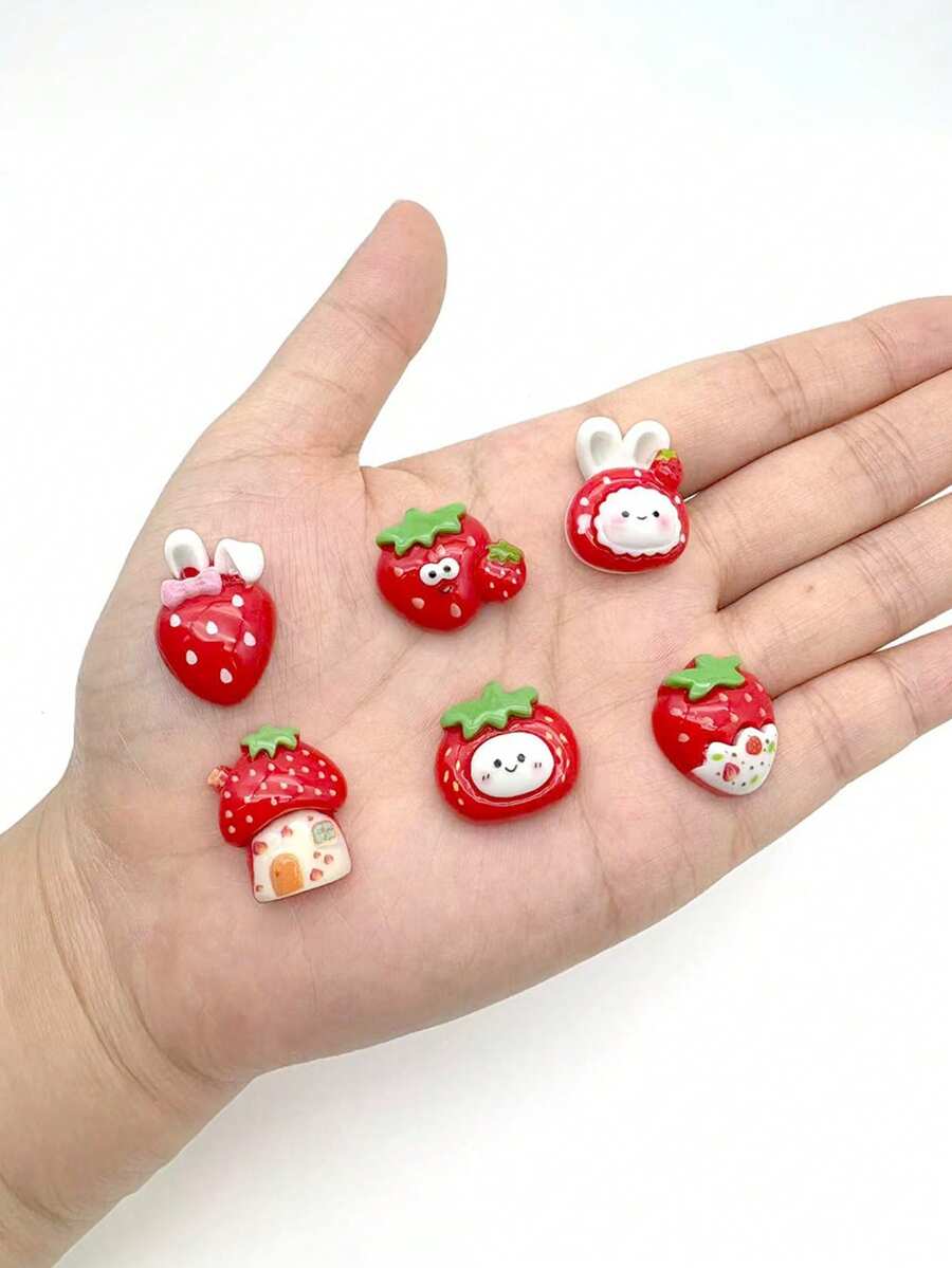 10/20 件混合奶油光泽卡通草莓兔树脂小配件，DIY 珠宝用品（轻微瑕疵属正常现象） - 紅色 - 查看 1