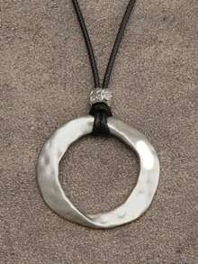 1pc Minimalist Oversized Golden Circle Asymmetrical Geometric Pendant Necklace With Multilayer Black Wax Cord Long Chain, Stylish Luxury Gift For Girlfriend Or Mother