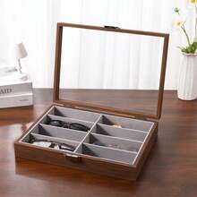 Boîte à lunettes en bois de noyer à huit compartiments, matériau PU de haute qualité gris, boucle métallique, convient pour le comptoir d'affichage, le stockage à la maison, le stockage des lunettes.