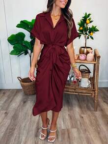 Women's Satin SIlky Button Down Ruched Shirt Dresses Short Sleeve Lapel V-Neck Belted Dress Elegant Spring Summer Wedding Evening Valentine Long Midi Dress - 深酒紅色 - 查看 3
