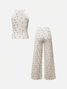 GAOVOT Women's Two Pieces Summer Home Leisure Sports Running Exercise Print Sleeveless Vest Top And Loose Wide Leg Straight Pant Suit