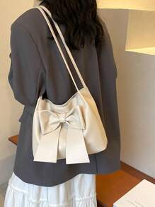 女士纯色 PU 皮革单肩包，超轻便携，时尚蝴蝶结装饰，优雅的女生手提包，大容量，送给她的完美情人节礼物，有史以来最好的情人节礼物选择，时尚女士蝴蝶结钱包