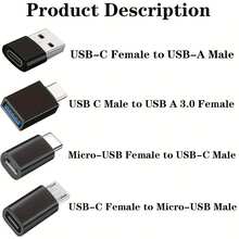 4个黑色USB转USB-C适配器，USB Type C母头转USB适配器，Micro USB转USB-C母头转公头转换器，兼容笔记本电脑、汽车、智能手机和耳机 - 黑色 - 查看 2