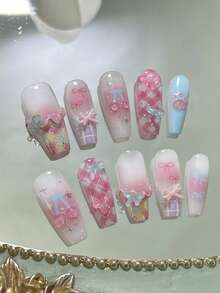 10pcs/Set Handmade Cute & Sweet Coffin Nail Stickers, Y2K Gradient Blush Base With Star, Checkerboard, Polka Dot And Multicolor Diamond Patterns - Multicolor - View 3