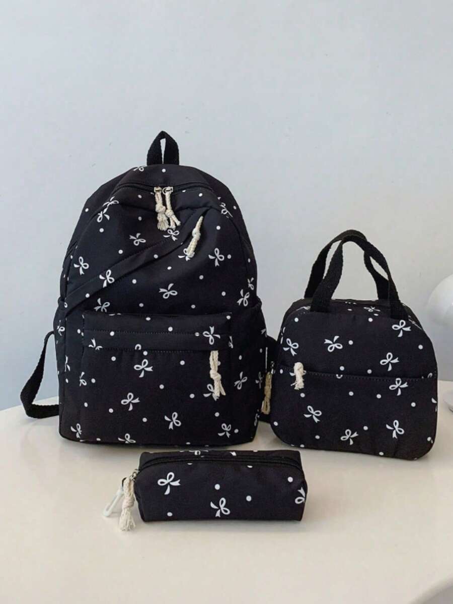 3pcs Nylon Bow Print Backpack Set, Foldable Multi-Pocket Large Capacity Waterproof Zipper Backpack, Suitable For Teenagers, High School Students, College Students, Ladies Daily Commute And Travel, Valentine's Day Gift - Black - View 1