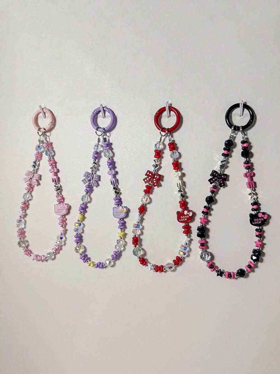 Sanrio 1 قطعة سلسلة هاتف معدنية بشكل القطة كارتون KT، شرابة هاتف ملونة من الأكريليك باللونين الأسود والوردي مزينة بالخرز