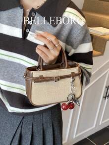 Casual Contrast Color Texture Versatile Commute Retro Leather Buckle Small Handbag With Pendant For Women - Coffee - View 6