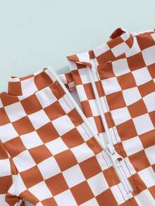 Girls Bikini Beach Swimwear Long Sleeve Checkerboard Print Ruffle Romper Bathing Suit - Brown - View 6