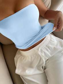 Vaiaye 女士无缝无肩带纯色弹力修身背心，时尚无肩带基础款吊带T恤，适合春夏休闲穿着 - 藍色 - 查看 6