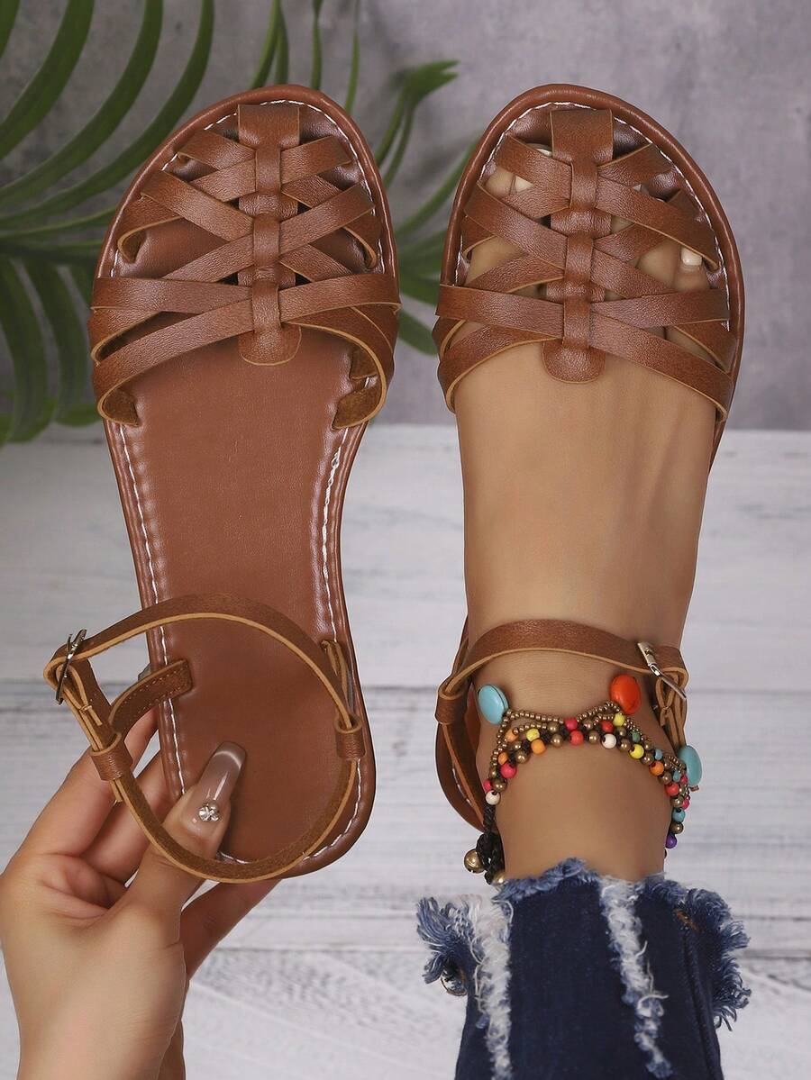 Gorgeous Flat Slide Sandals For Women, New Summer Closed Toe Slip-On Shoes, Fashionable Caged Sandals & Roman Sandals - Brown - View 1
