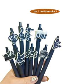 5/10/20pcs Music Note Series Retractable Ballpoint Pens, Medium Point, Plastic Black Barrel With Random Music-Themed PVC Soft Rubber Decals School Supplies,Back To School