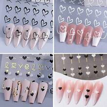 4pcs Love Theme Nail Stickers Set, Black White Golden Heart Patterns, Self-Adhesive Plastic Nail Art Decals With Glitter, Glossy Finish, Single Use Embellishments For Valentine'S Day - 彩色 - 查看 9