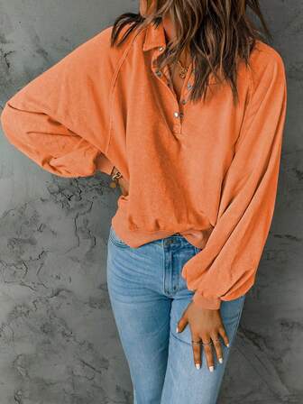 Women's Solid Color Lantern Sleeve Button Half Placket Casual Loose Sweatshirt, Spring/Autumn