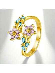 1 szt. najlepiej sprzedający się nowy pierścień z błyszczącym cyrkoniowym kamieniem w kwiaty i liście, modny kreatywny otwarty pierścień z miedzi