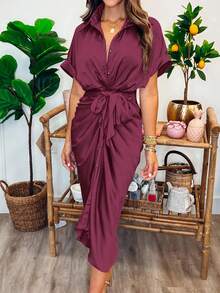 Women's Satin SIlky Button Down Ruched Shirt Dresses Short Sleeve Lapel V-Neck Belted Dress Elegant Spring Summer Wedding Evening Valentine Long Midi Dress - 紫紅色 - 查看 1