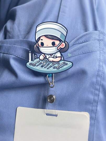 2D 平面亚克力护士女孩证件卡套 - 可伸缩卡扣，耐用标签，适用于医学生和执业护士 - 耐用 PMMA 材质，用于工作场所身份识别，医疗标签夹 | 趣味设计 | 耐用亚克力材质，护士配件，返校季，教师礼物