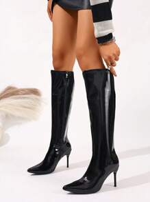 SHEIN ICON 女式尖头漆皮细高跟过膝长靴，时尚侧拉链性感派对修身漆皮高筒靴 - 黑色 - 查看 2